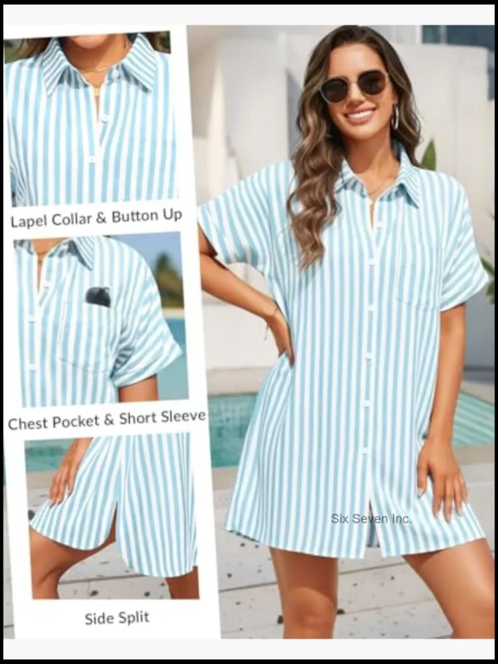 Button Down Swimsuit Cover Up Striped Beach Dress Short Sleeve Lyocell Cotton - Picture 4 of 7